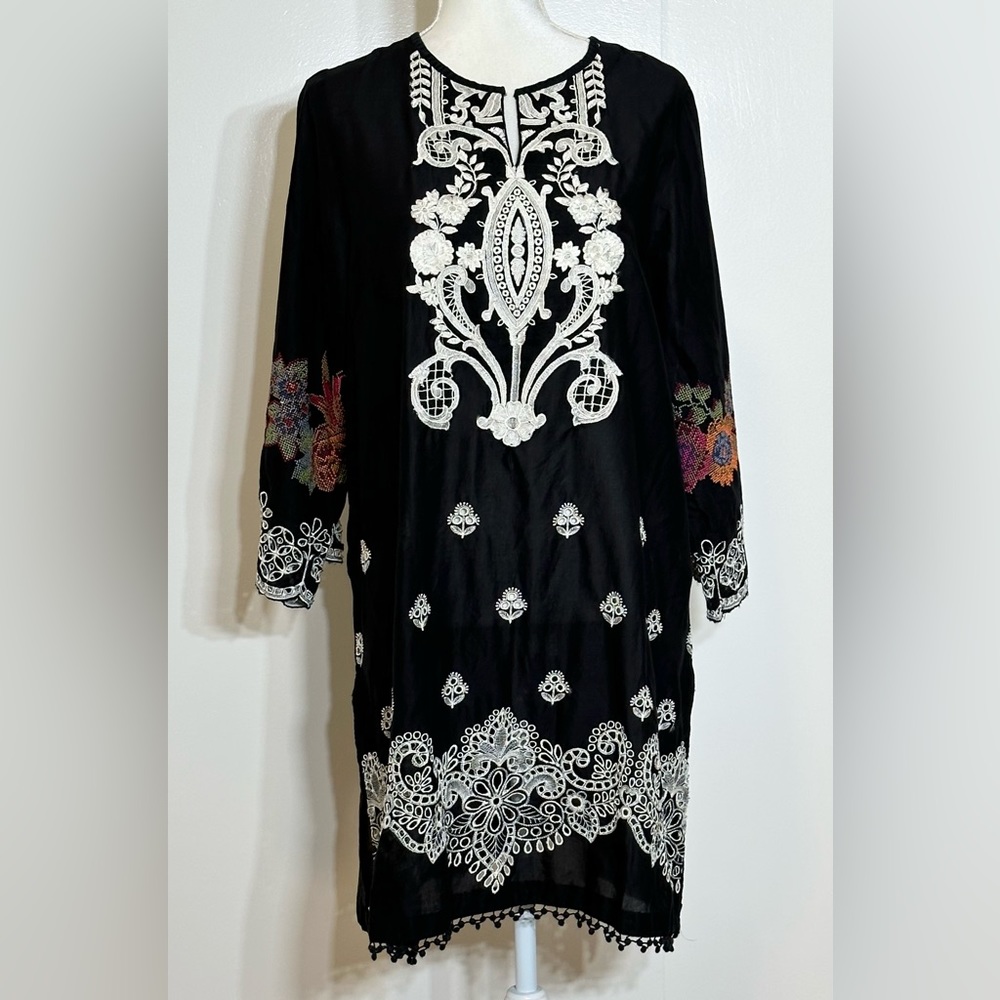 Women’s Ethnic By Outfitters Embroidered Tunic Dress Sz Large Black Multicolor